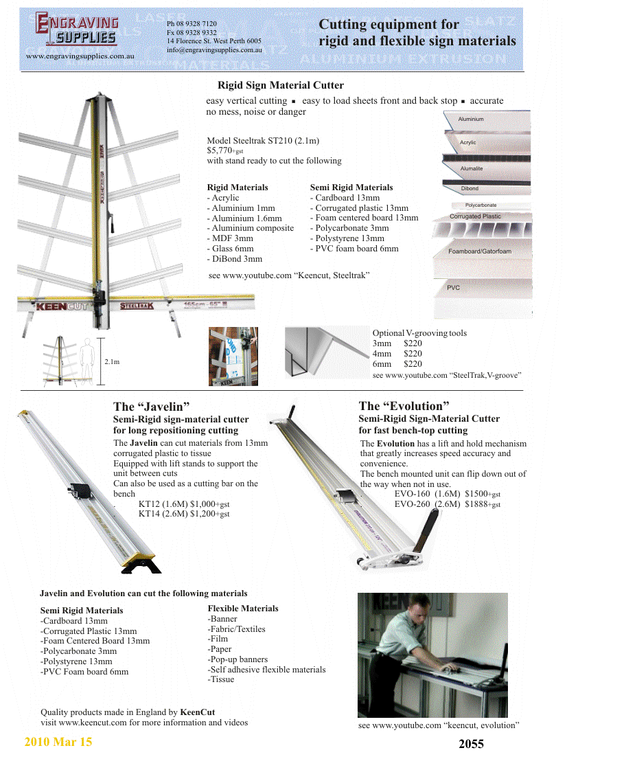 Large cutting equipment, cutting for sign materials, rigid sign material cutter, Keencut, Steeltrack, Javelin, Evolution, KeenCut. SteelTrack. 2055 